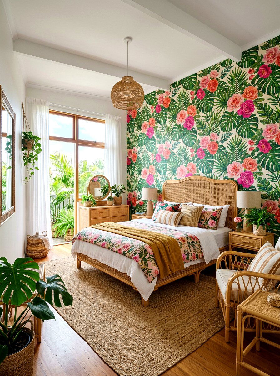 Tropical Rose Print Accent Wall - 30 rose print bedroom ideas
