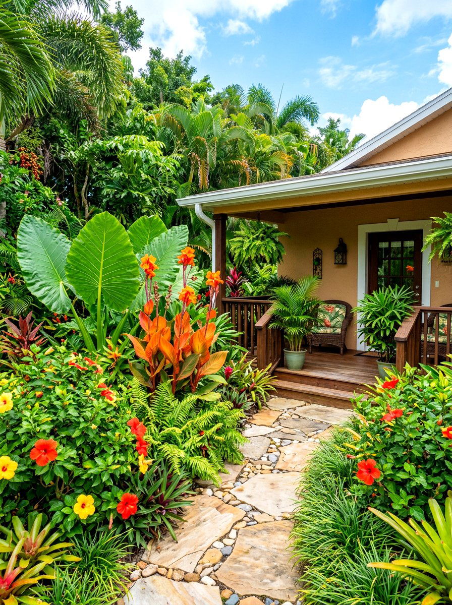 Tropical Style Front Porch Garden - 30 front porch flower bed ideas