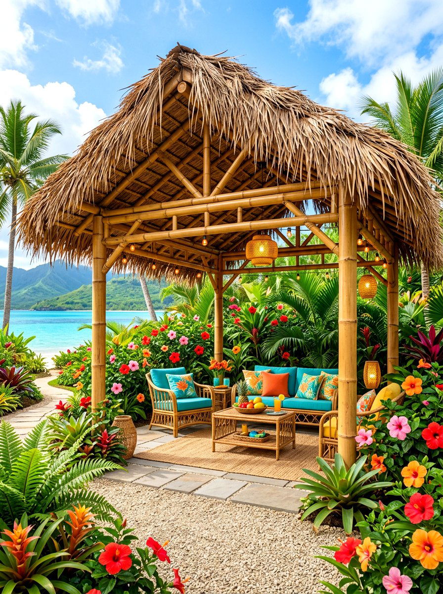 Tropical Style Thatch Pergola - 30 courtyard pergola ideas