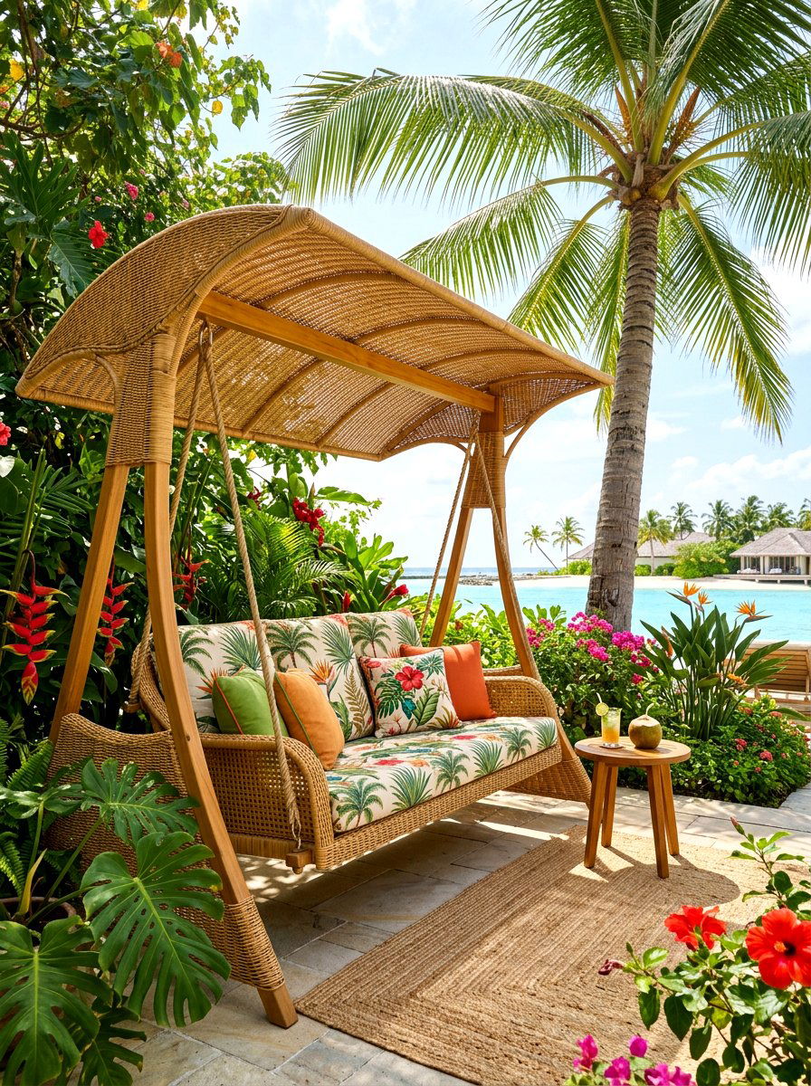 Tropical Style Wicker Swing - 30 cocoon patio chair ideas