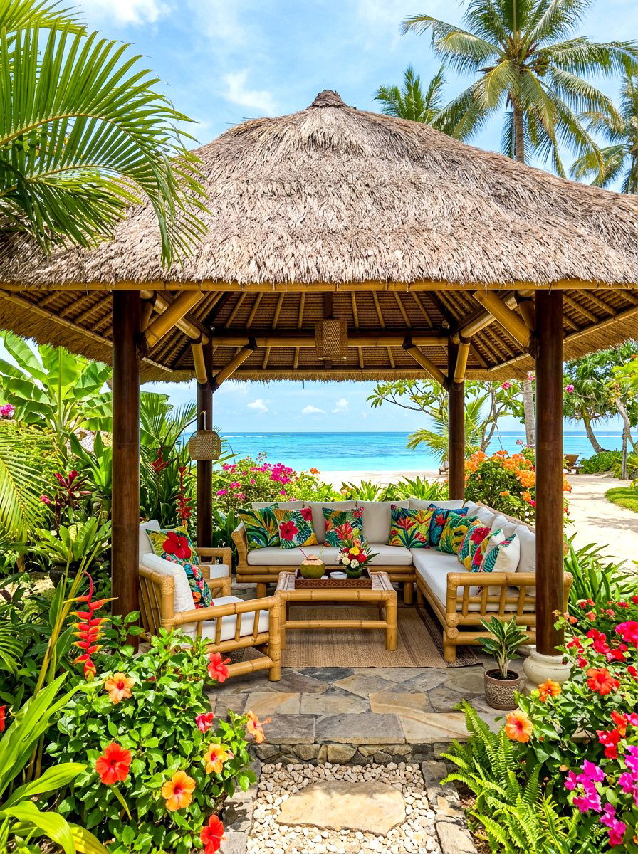 Tropical Thatch Pavilion - 30 backyard pavilion lounge ideas