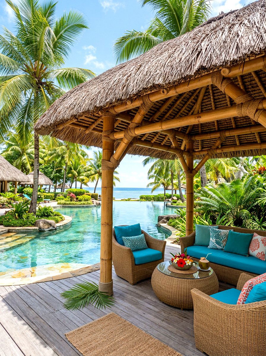 Tropical Thatch Pergola - 30 poolside pergola ideas