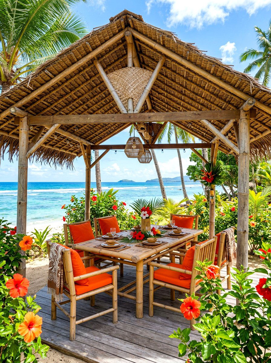 Tropical Thatch Pergola - 30 pergola dining backyard ideas