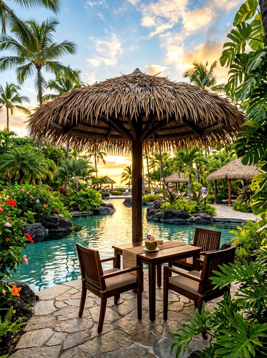 Tropical Thatch Pool Umbrella - 30 poolside umbrella lounge ideas