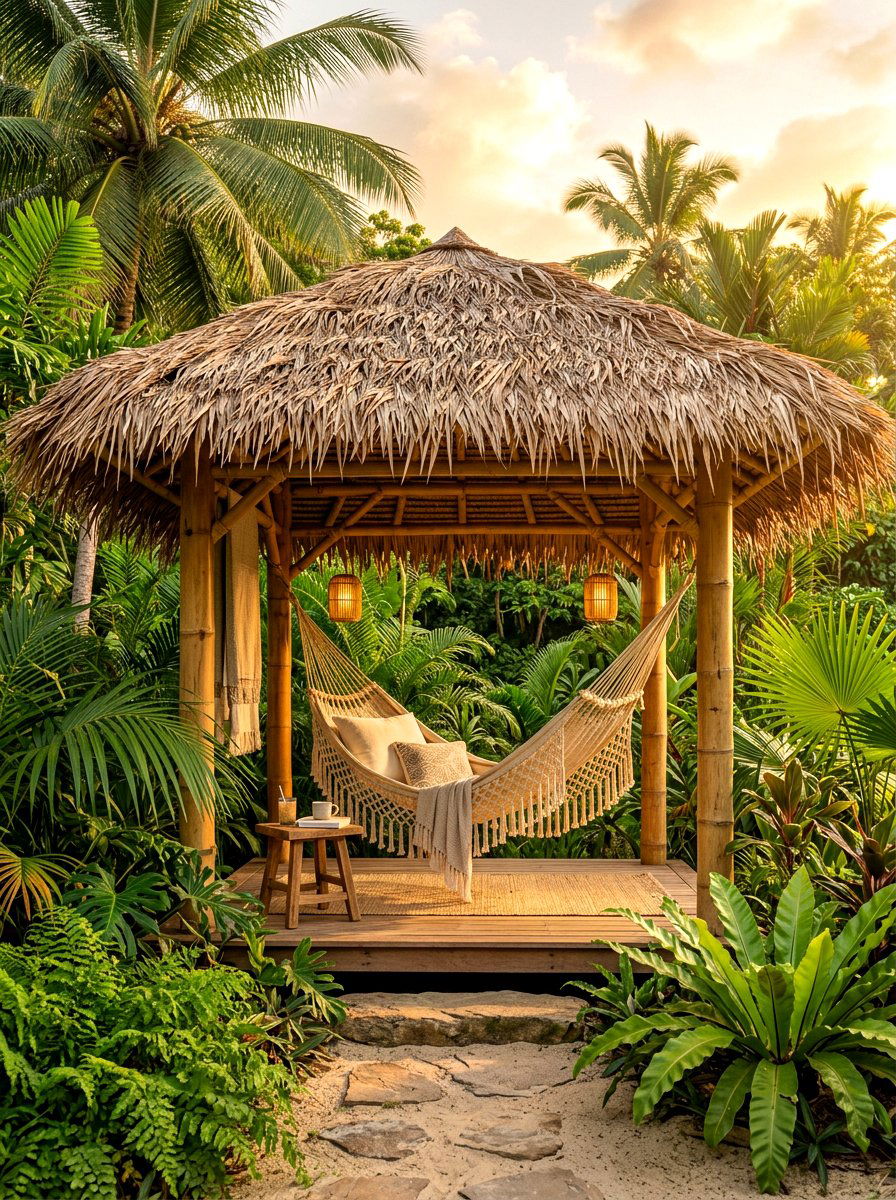 Tropical Thatch Roof Garden Cabana - 30 backyard cabana lounge ideas