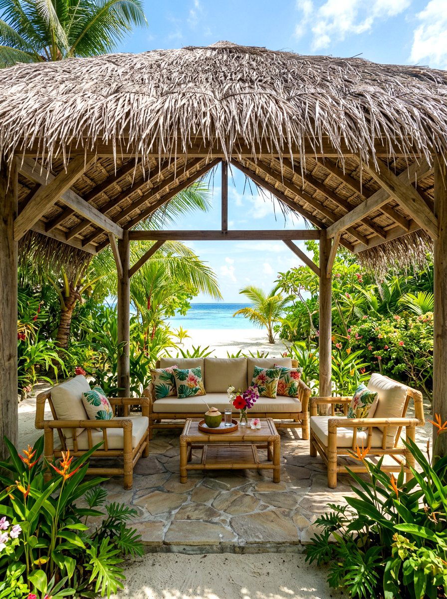 Tropical Thatch Roof Pergola - 30 poolside pergola lounge ideas