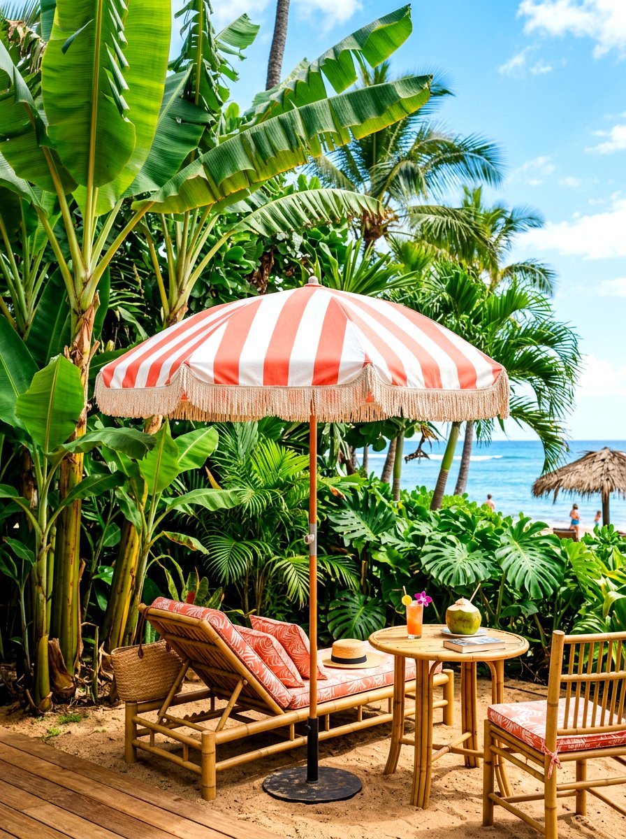 Tropical Vibe Striped Umbrella - 30 striped umbrella patio ideas