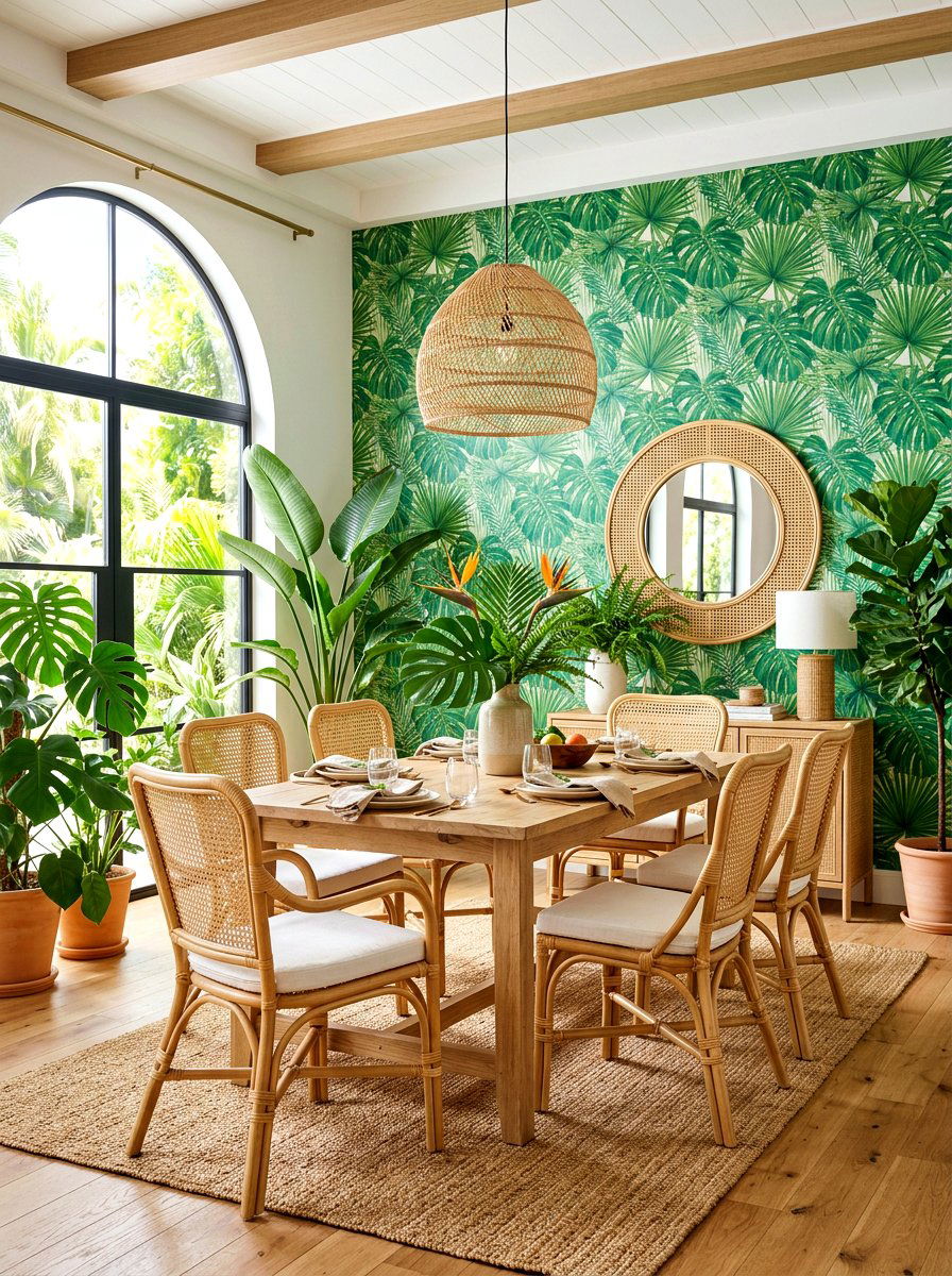 Tropical Wallpaper Natural Cane Furniture - 30 eclectic dining room ideas