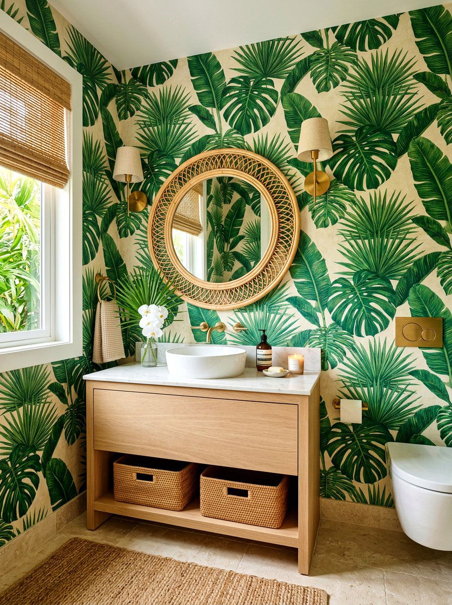 Tropical Wallpaper Powder Room - 30 boutique hotel powder room ideas
