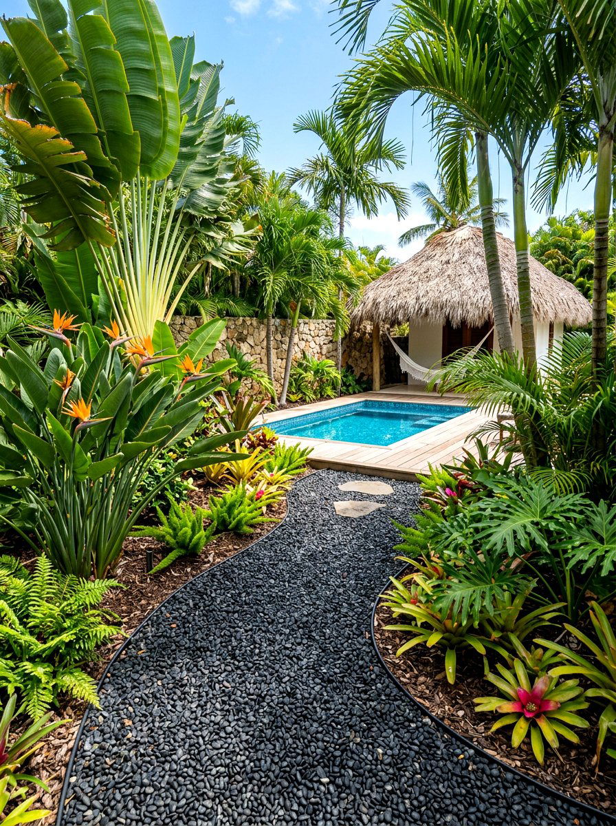 Tropical backyard gravel path - 30 gravel path backyard ideas