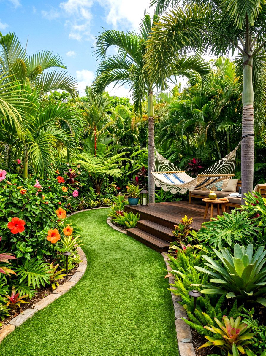Tropical backyard turf landscape - 30 artificial turf backyard ideas