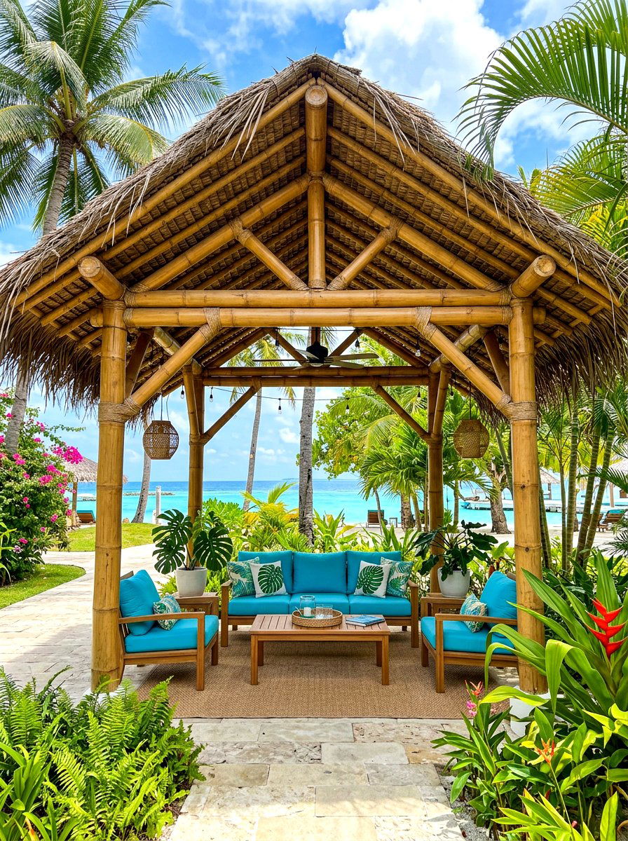 Tropical bamboo style pergola - 30 pergola lounge patio ideas