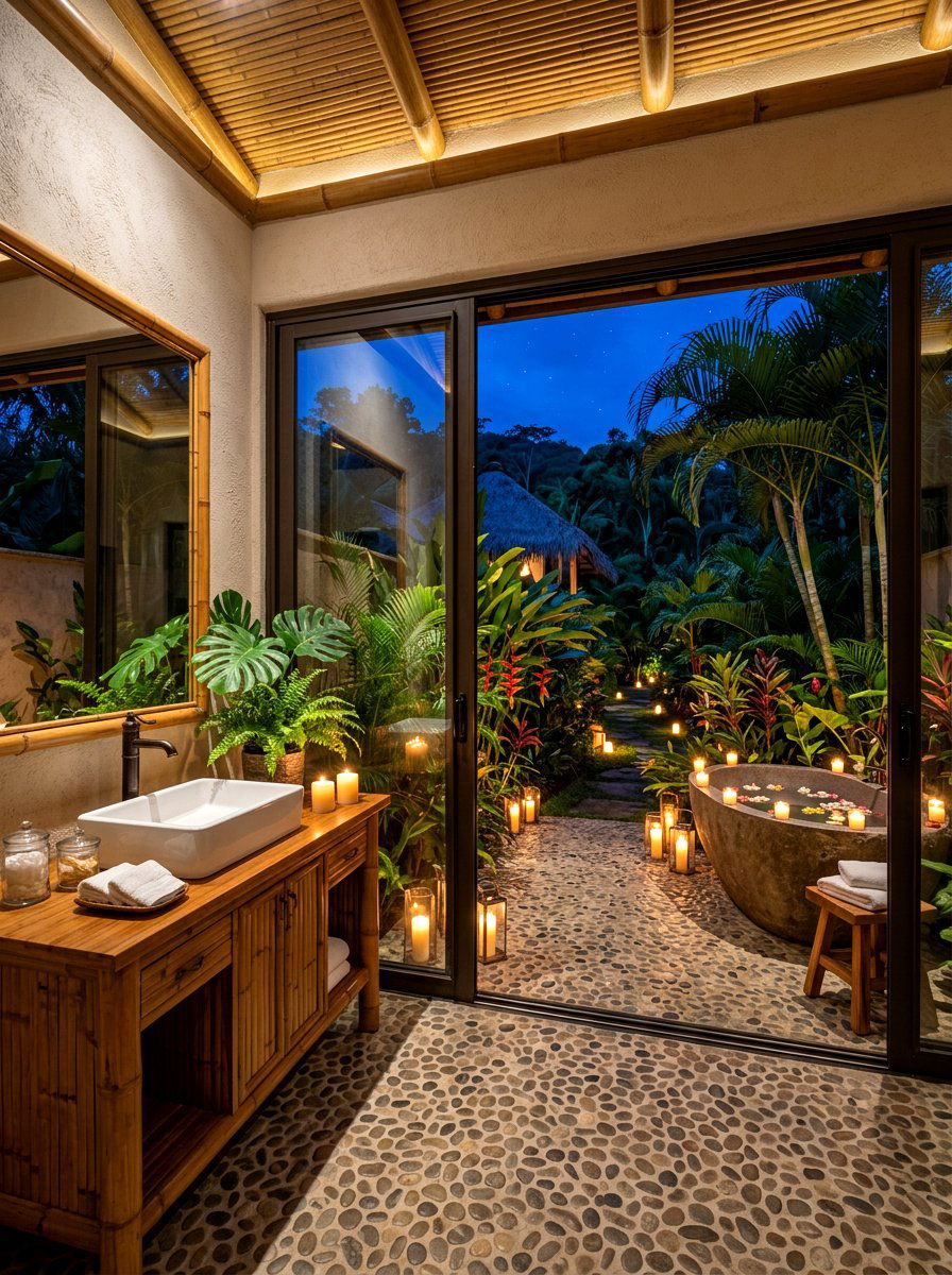Tropical bathroom with outdoor candle lighting - 30 candlelit bathroom ideas