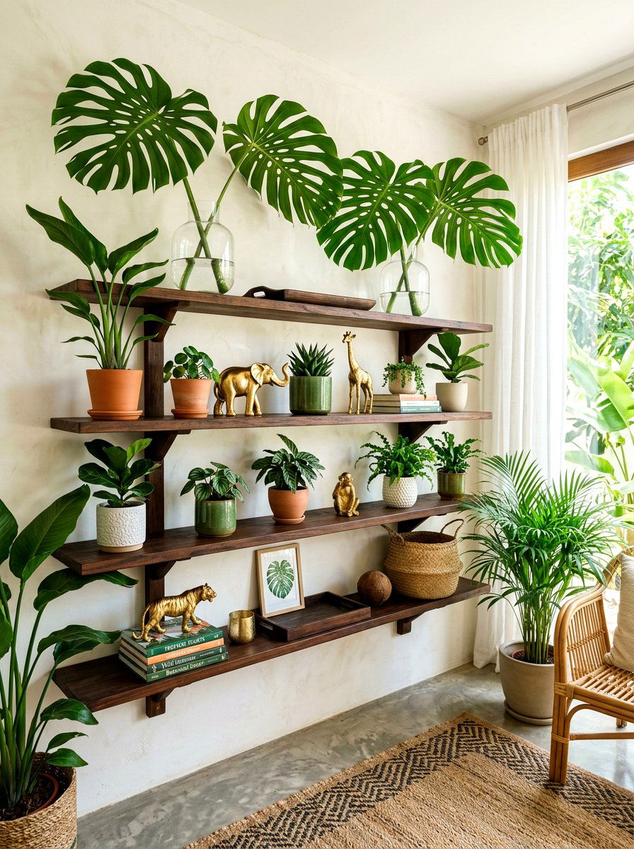 Tropical botanical shelf - 30 summer shelf decor ideas