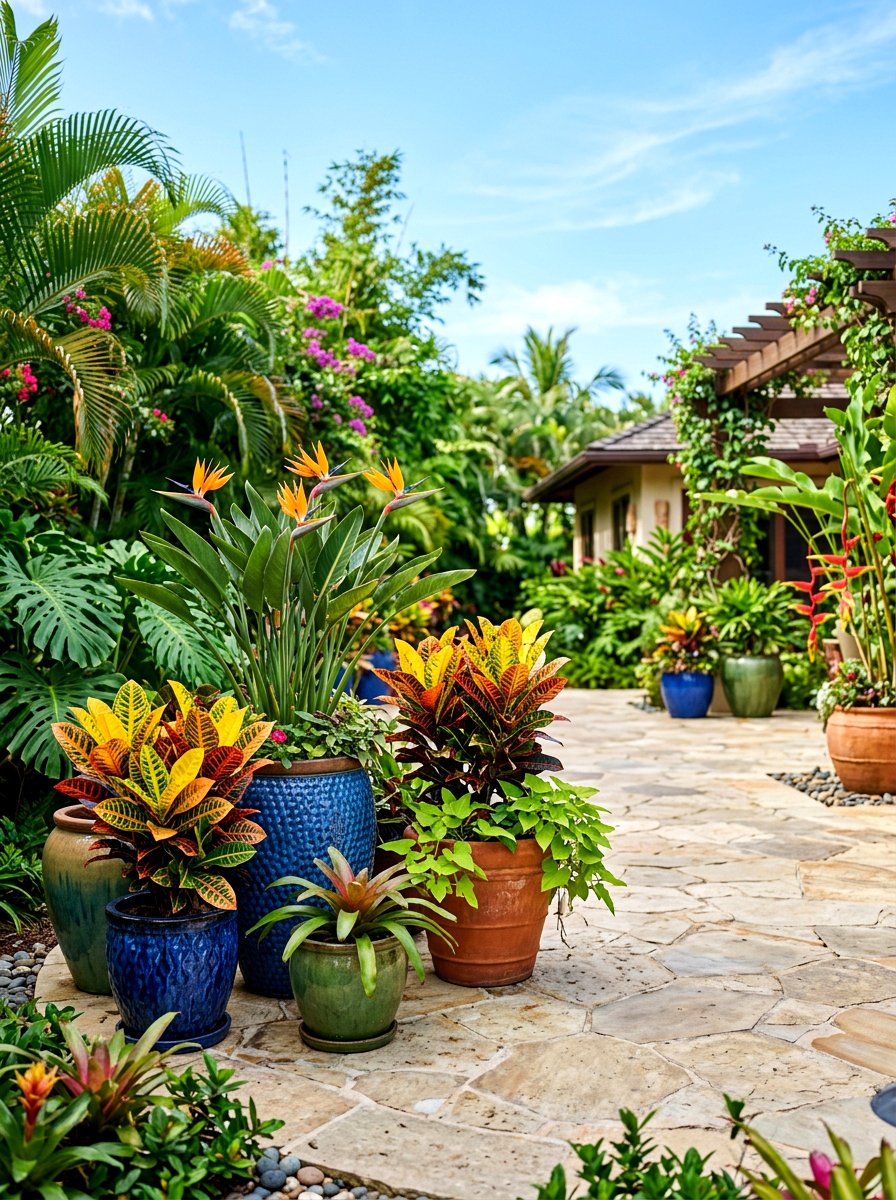 Tropical container garden - 30 tropical backyard landscaping ideas