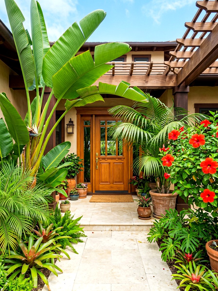 Tropical entryway plants - 30 front yard makeover ideas