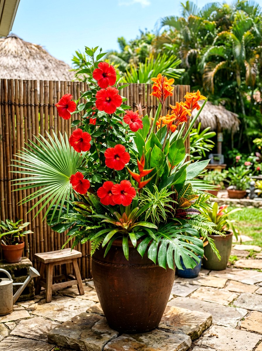 Tropical flower arrangement - 30 flower container garden ideas