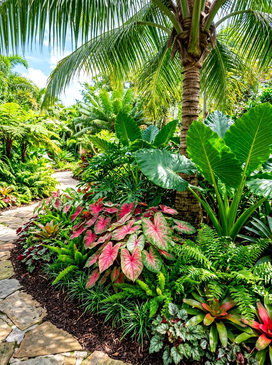 Tropical foliage understory bed - 30 flower bed around tree ideas