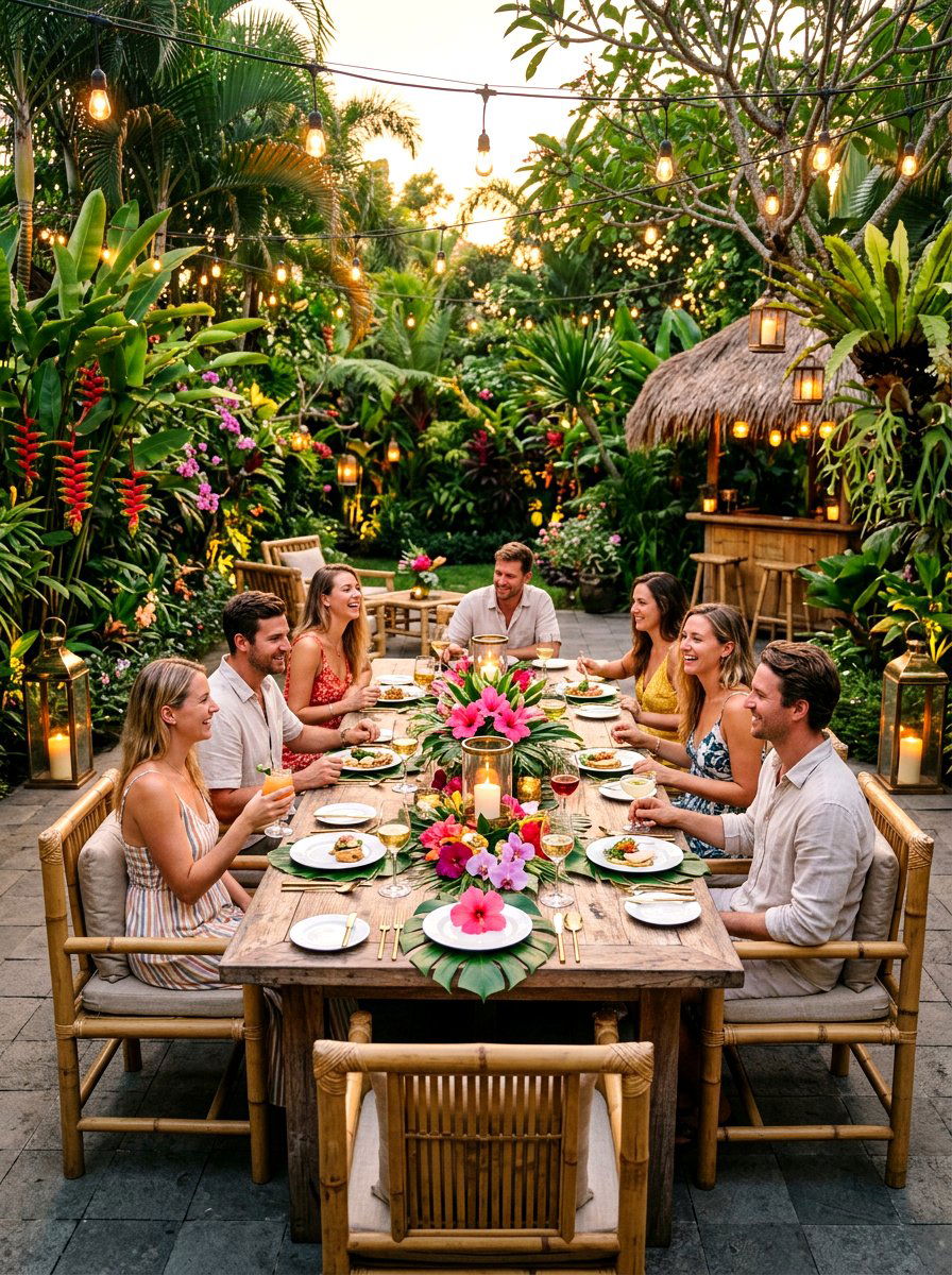 Tropical garden dinner party - 30 dinner party table ideas aesthetic
