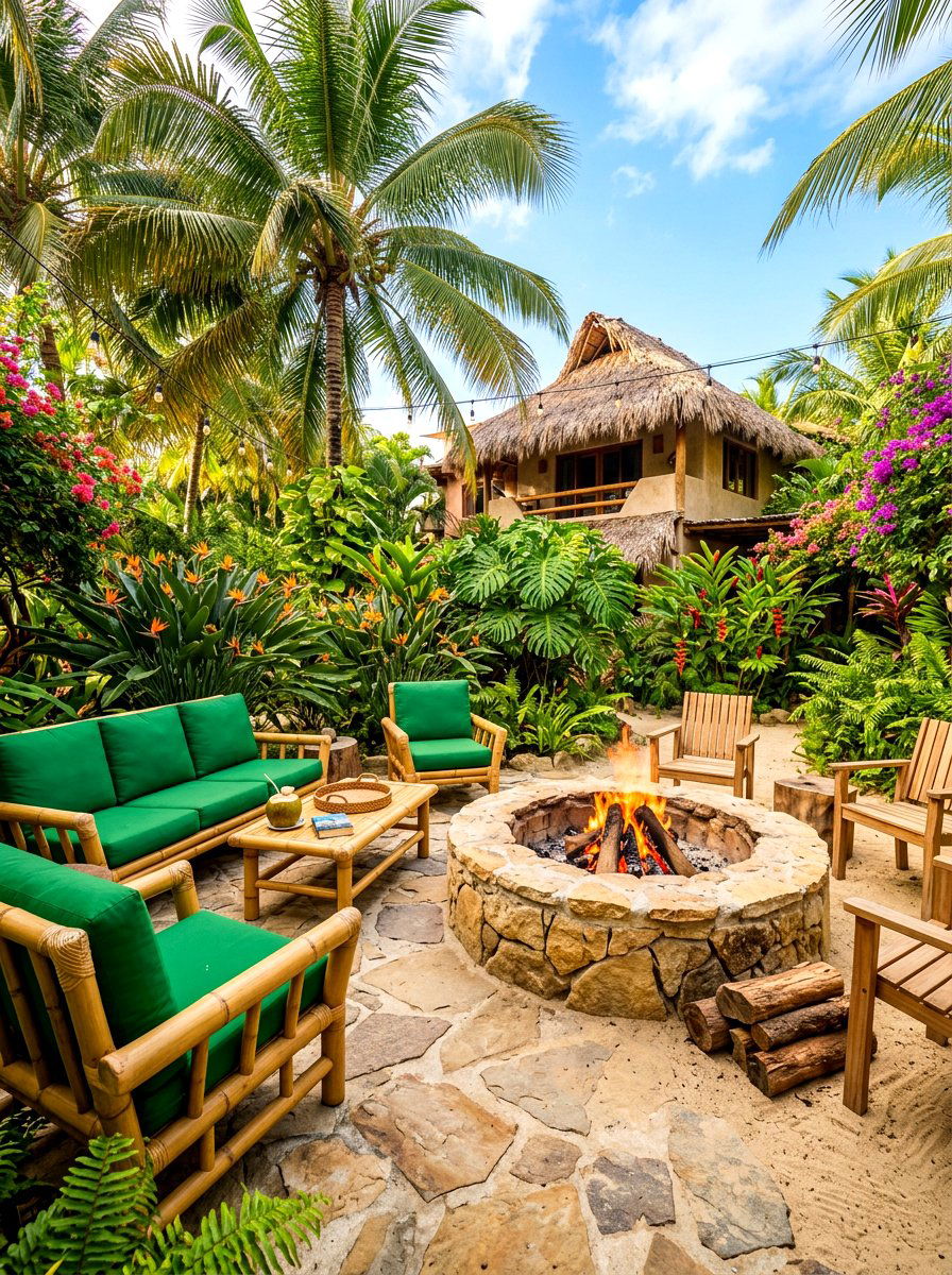 Tropical garden fire pit - 30 gas fire lounge patio ideas
