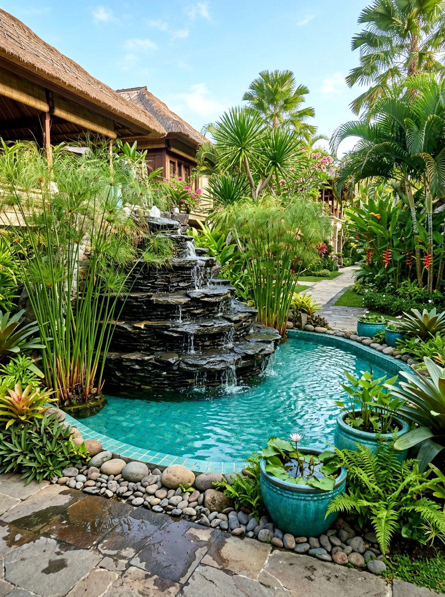 Tropical garden fountain - 30 tropical landscaping ideas