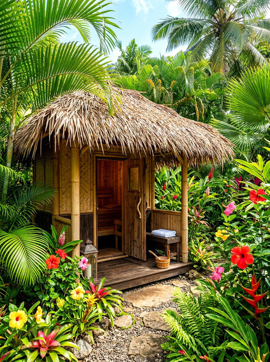 Tropical garden sauna - 30 outdoor sauna backyard ideas aesthetic