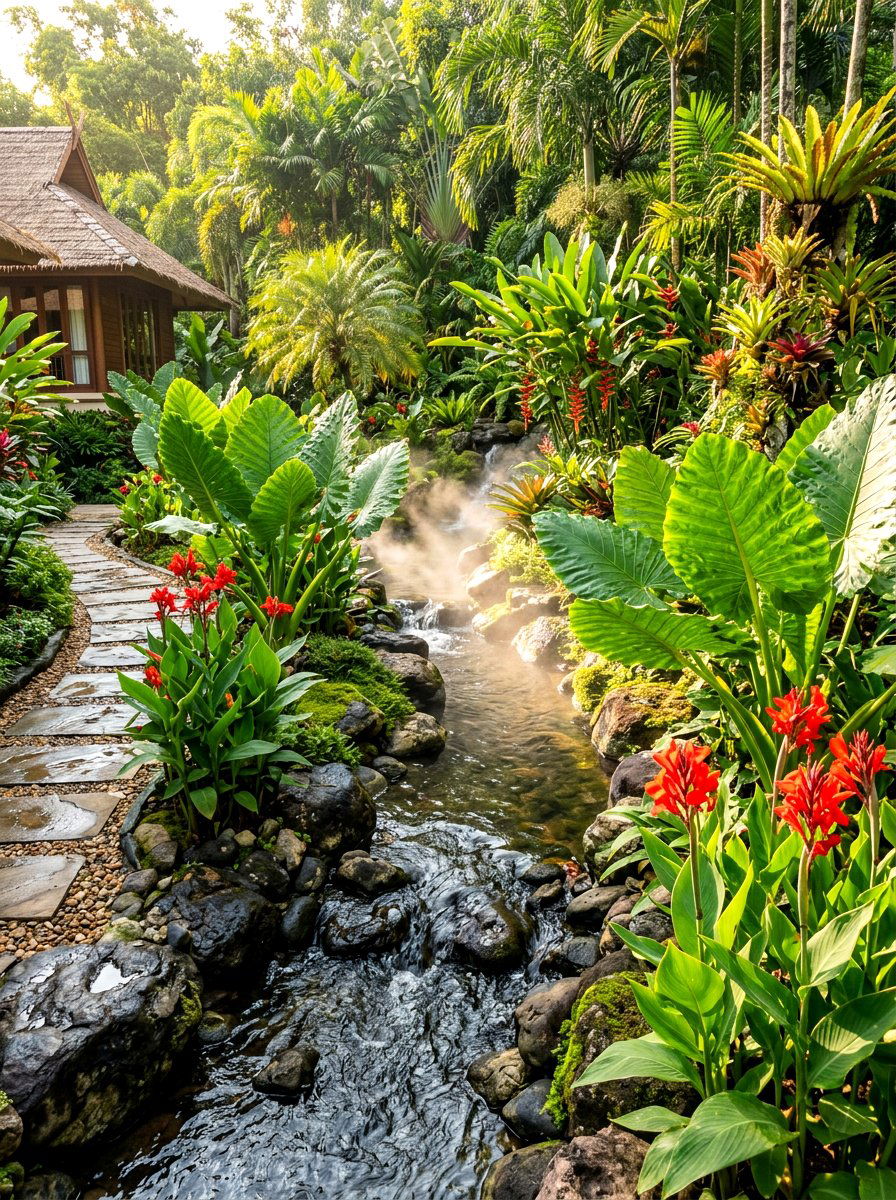 Tropical garden stream - 30 backyard stream ideas
