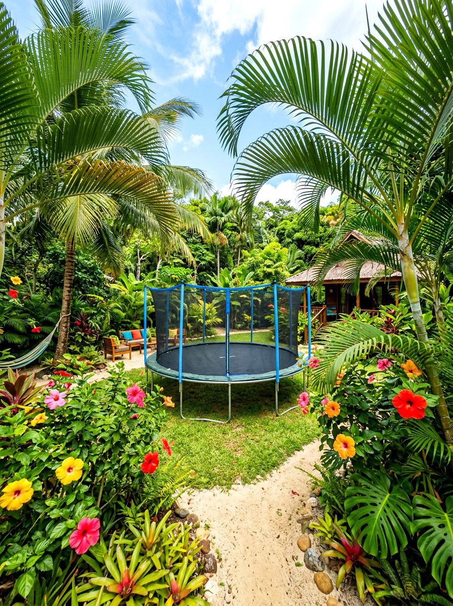 Tropical garden trampoline - 30 trampoline landscaping ideas