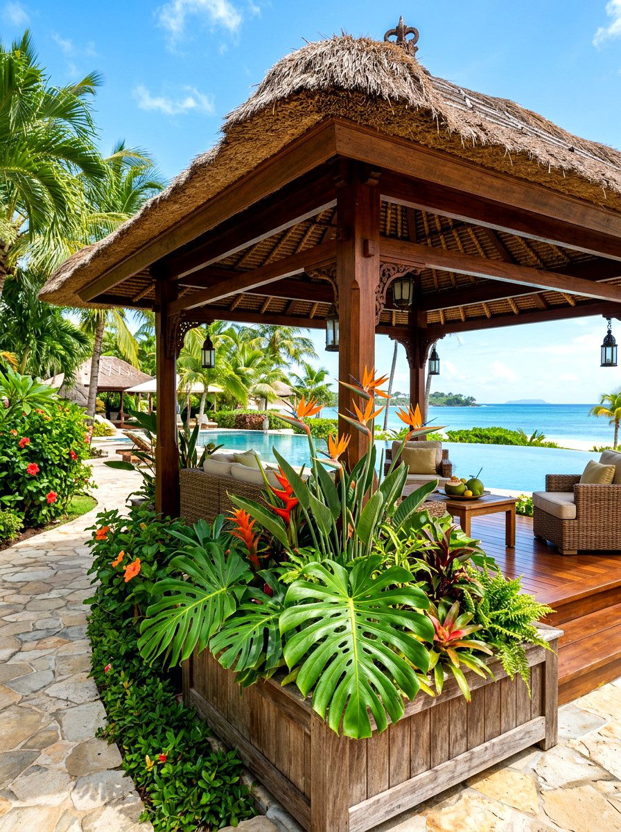 Tropical gazebo corner planters - 30 gazebo planter ideas