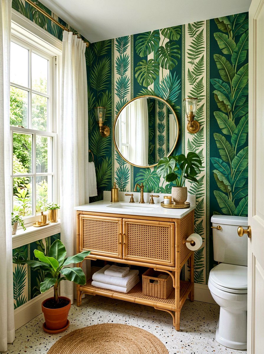 Tropical green striped wallpaper - 30 striped powder room ideas
