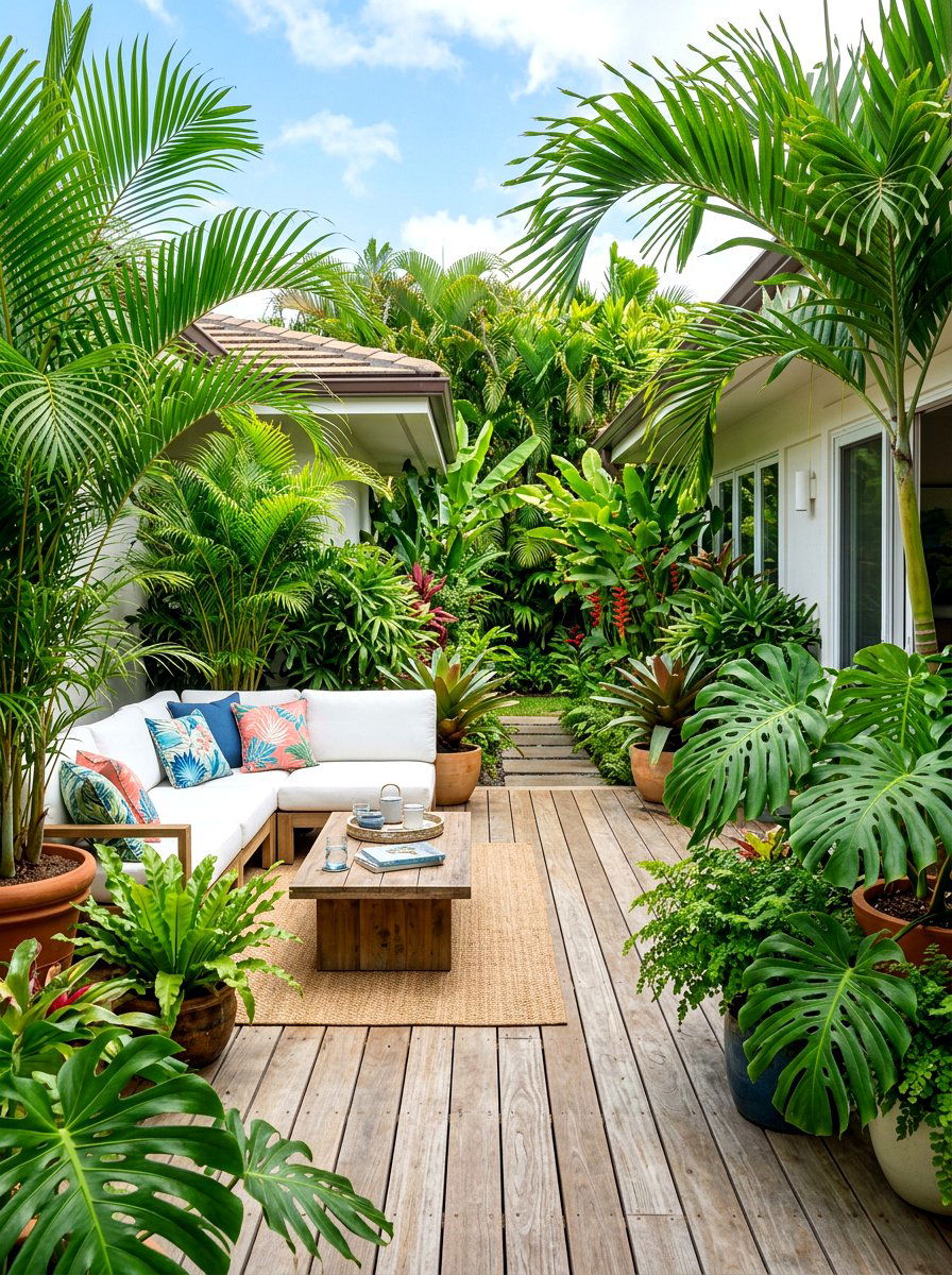 Tropical greenery around patio - 30 patio conversation area ideas