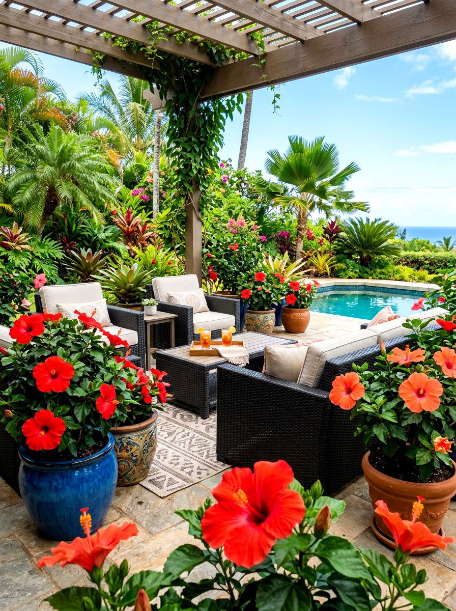 Tropical hibiscus patio - 30 summer bloom garden ideas