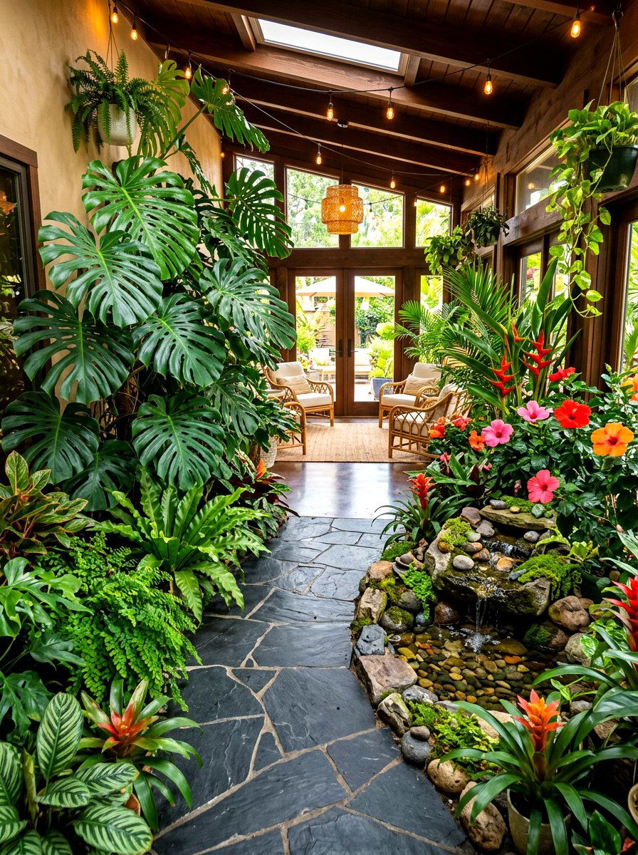 Tropical indoor garden porch - 30 attached greenhouse porch ideas