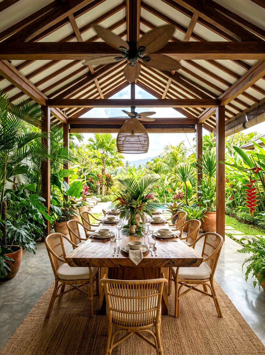 Tropical indoor outdoor dining - 30 villa dining room ideas