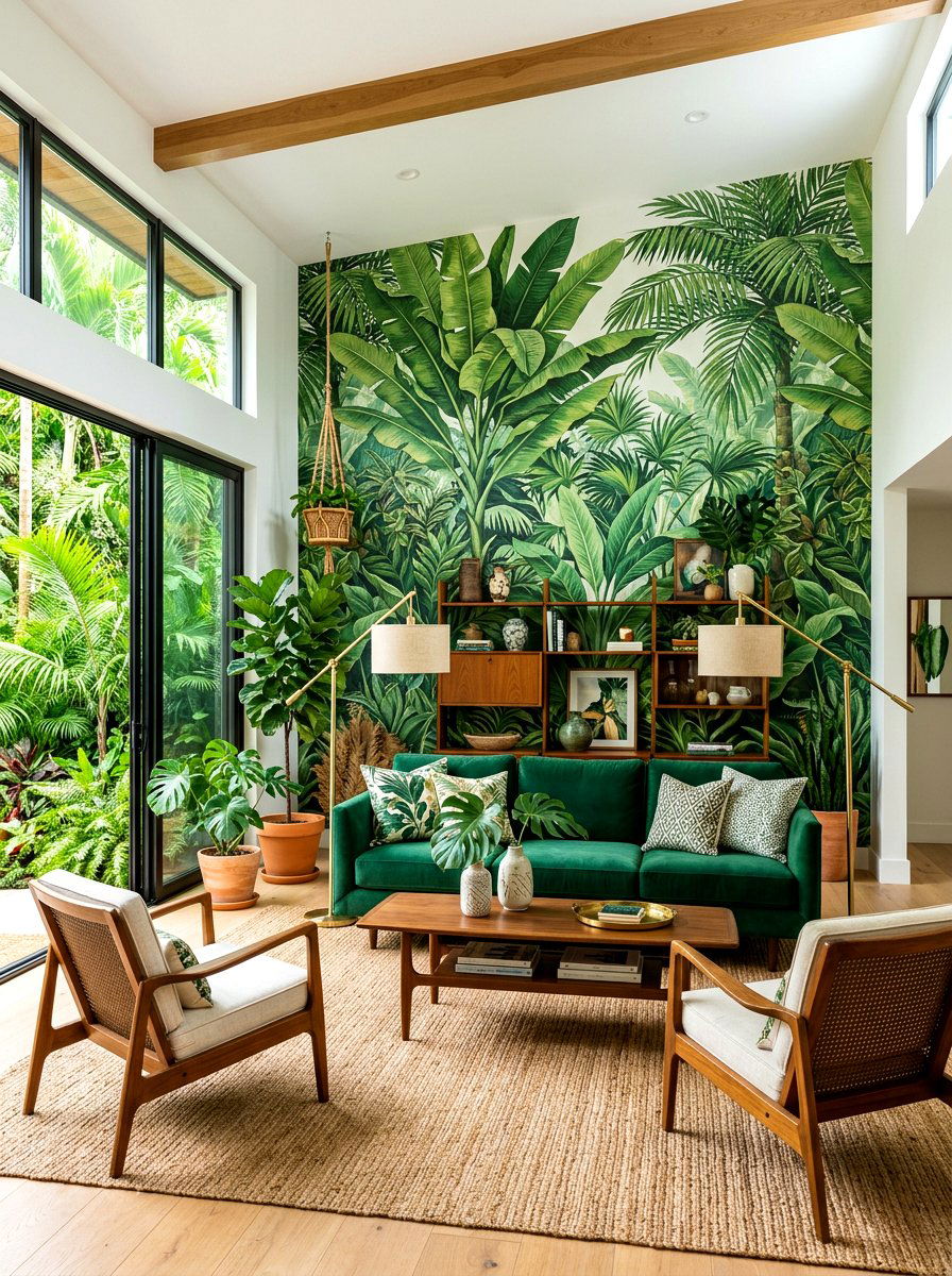 Tropical jungle living room - 30 garden print wallpaper ideas