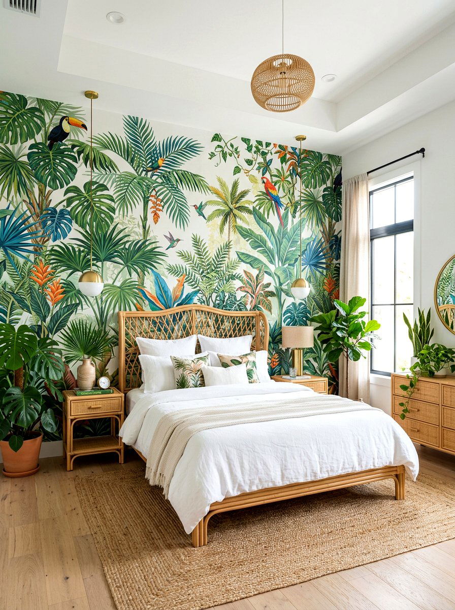 Tropical jungle wall mural - 30 landscape mural bedroom ideas