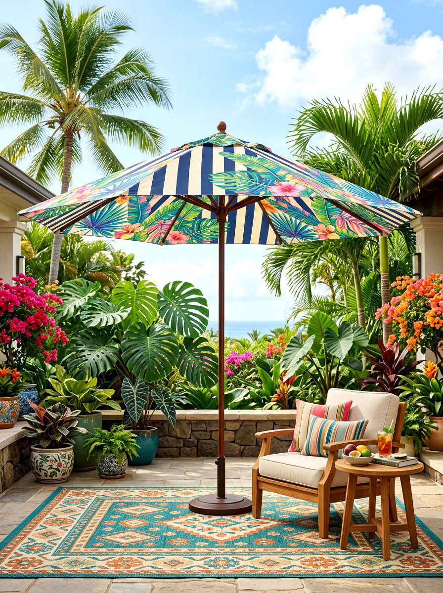 Tropical leaf and stripe umbrella - 30 striped patio umbrella ideas