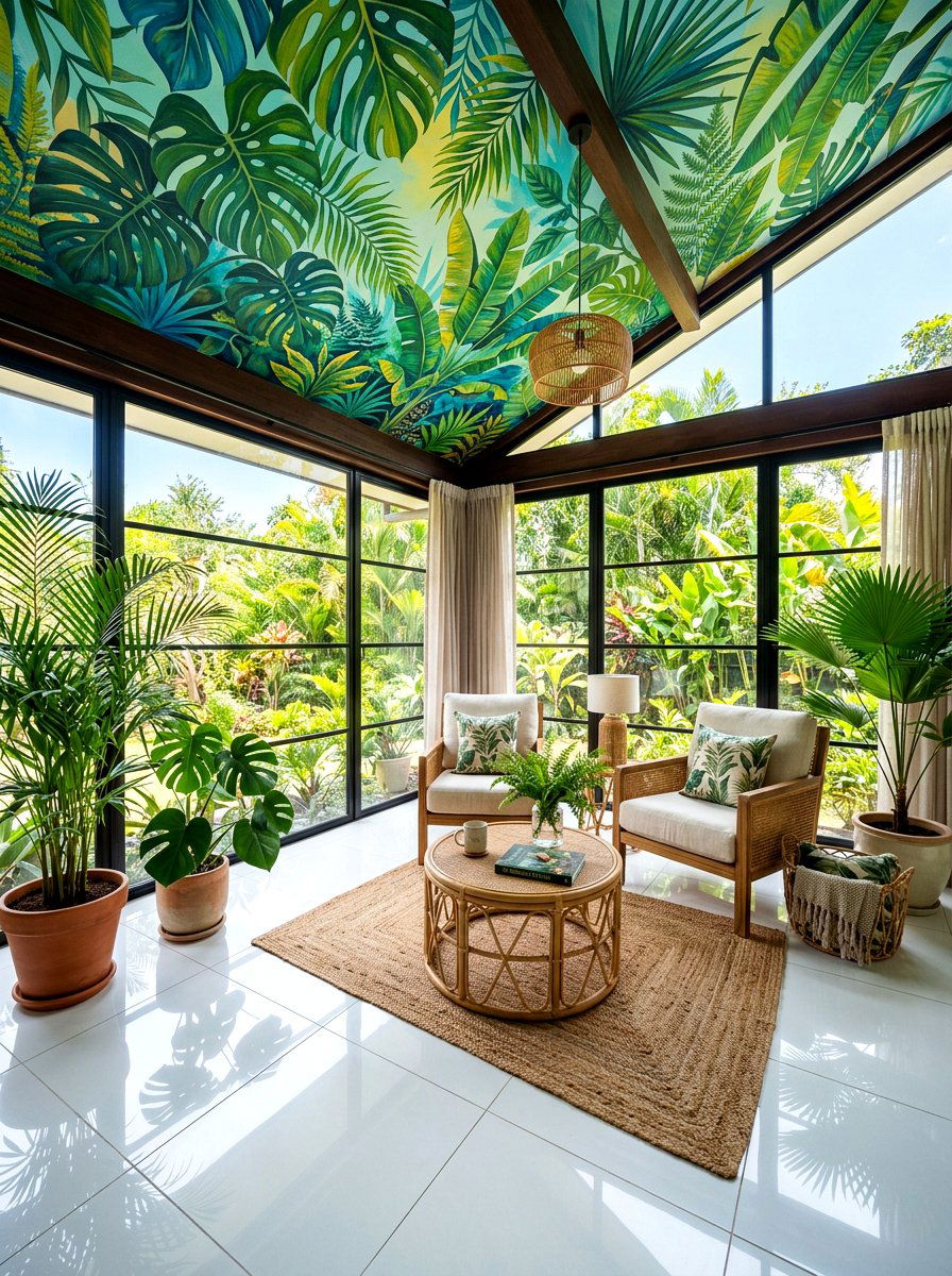 Tropical leaf ceiling mural - 30 ceiling mural ideas