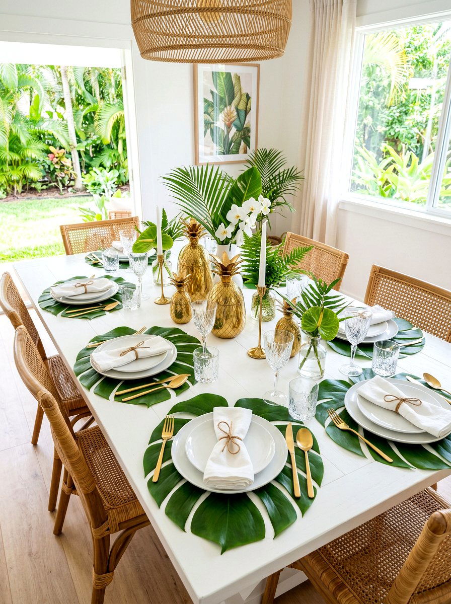 Tropical leaf decor - 30 New Year brunch table ideas