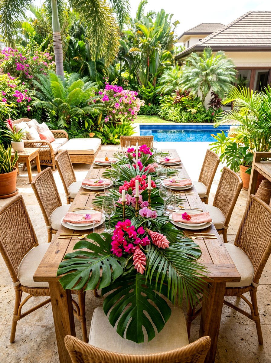 Tropical leaf display - 30 garden inspired tablescape ideas