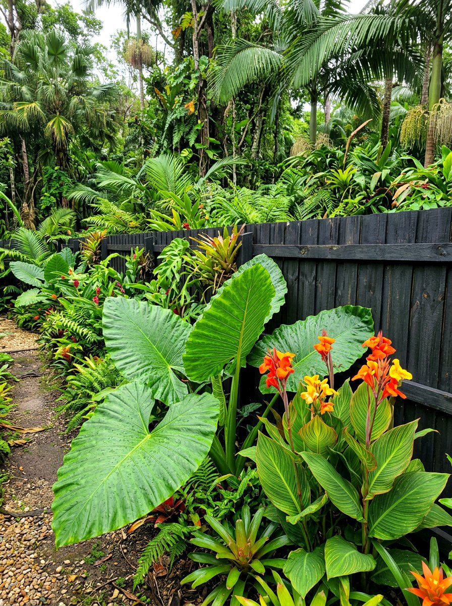 Tropical leaf foliage border - 30 border planting ideas along fence