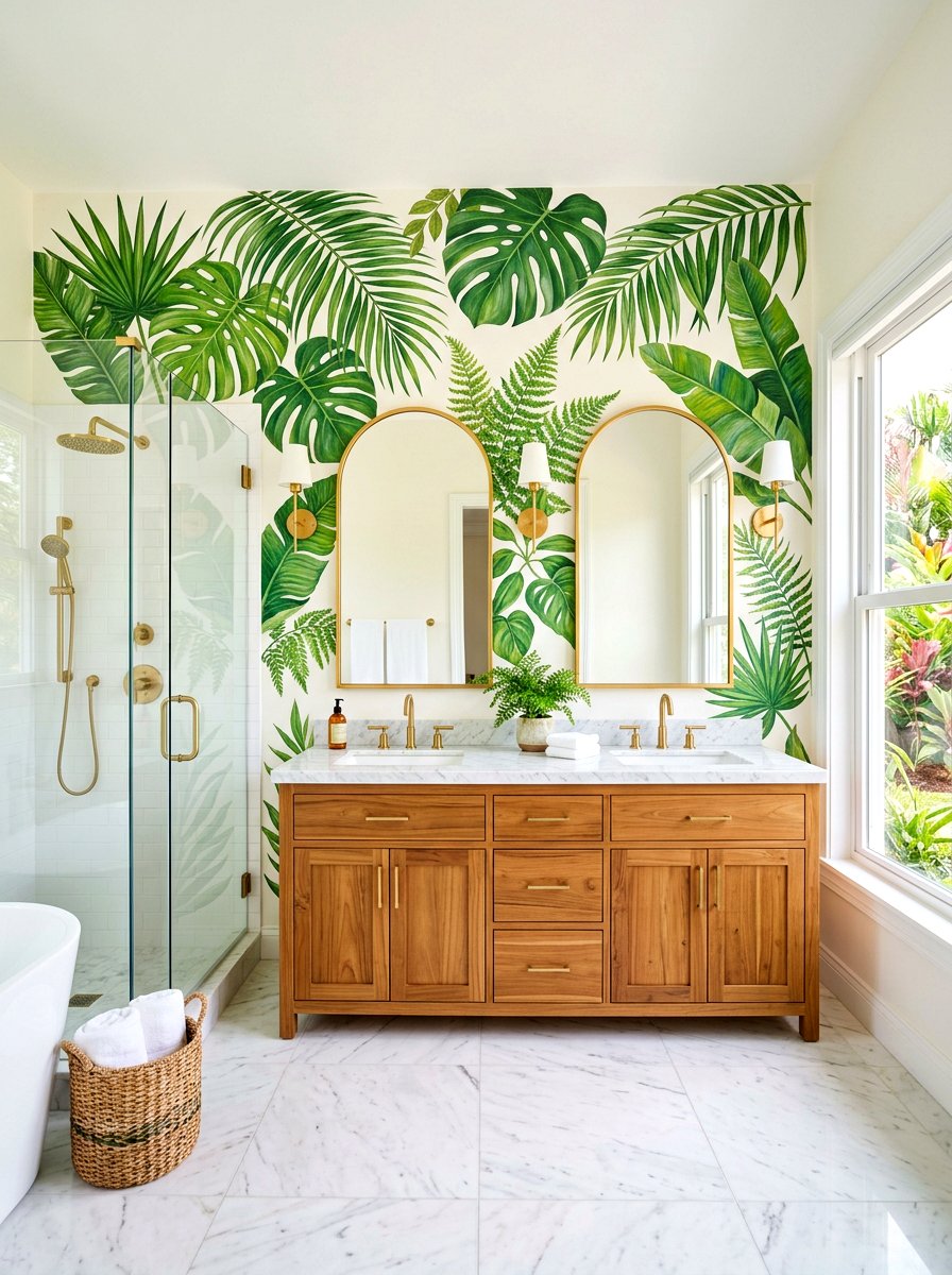 Tropical leaf mural bathroom - 30 mural bathroom ideas