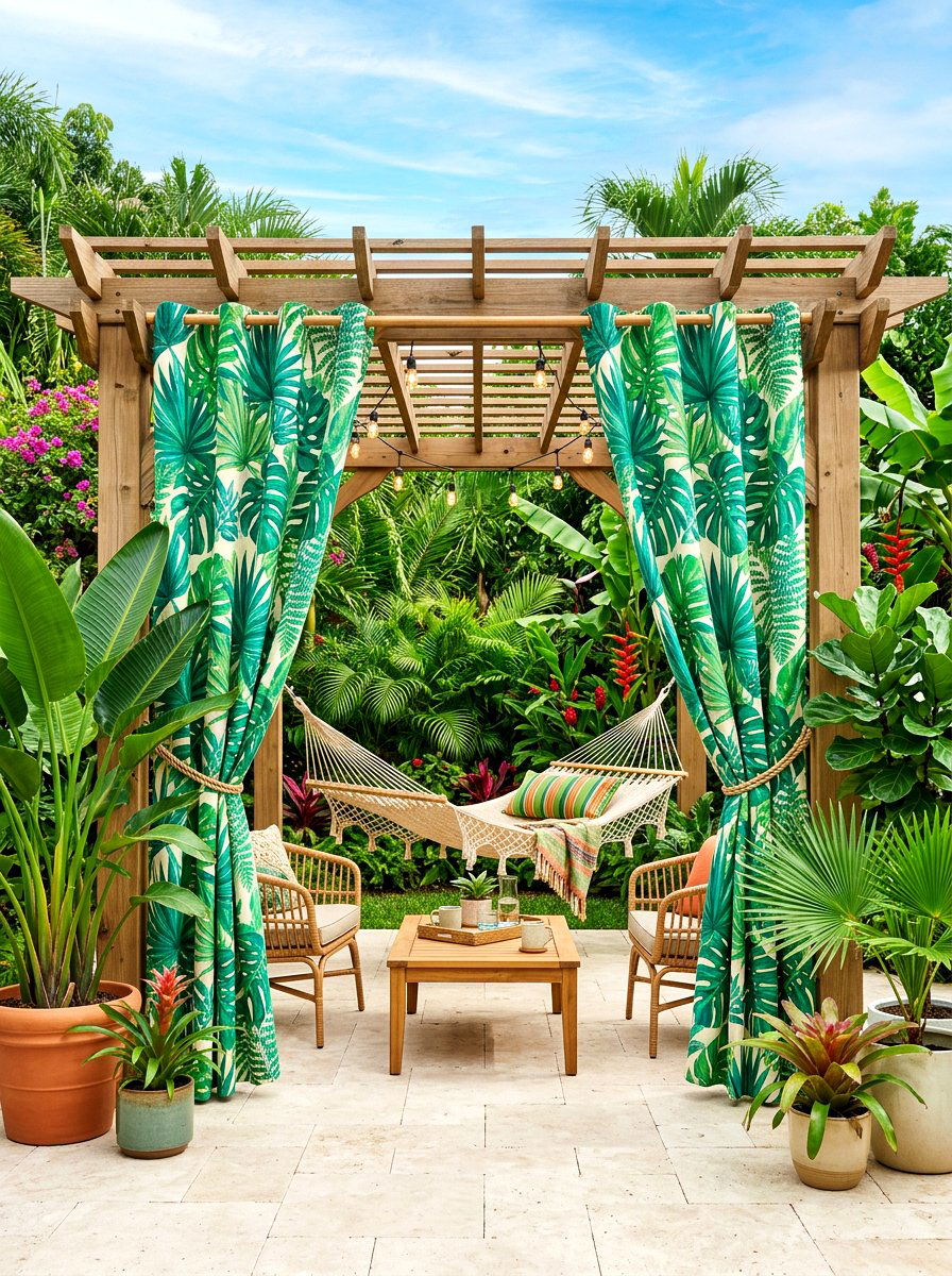Tropical leaf pergola theme - 30 pergola privacy curtain ideas