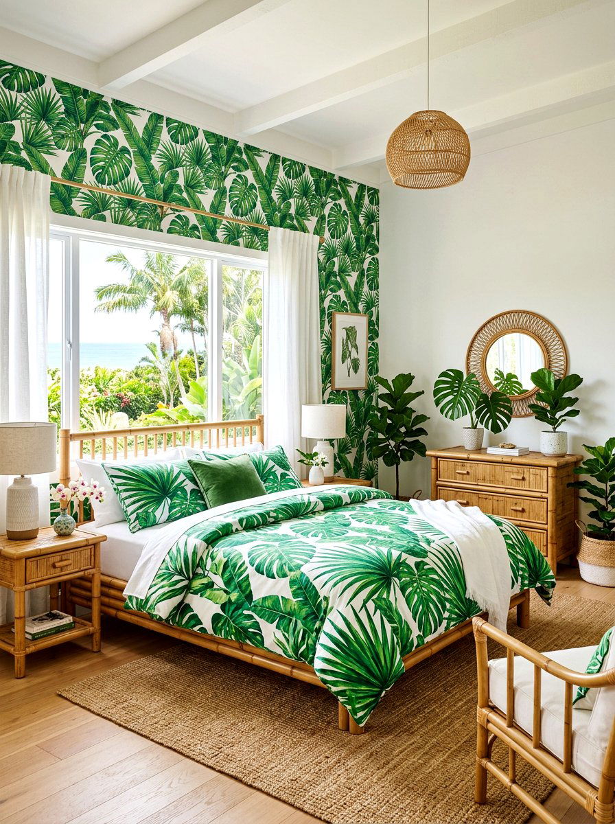 Tropical leaf print bedroom - 30 beach cottage bedroom ideas