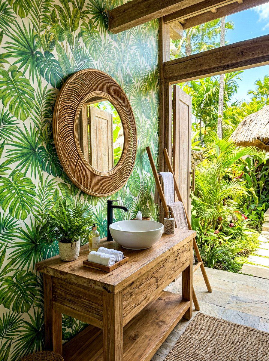 Tropical leaf print powder room - 30 jewel box powder room ideas