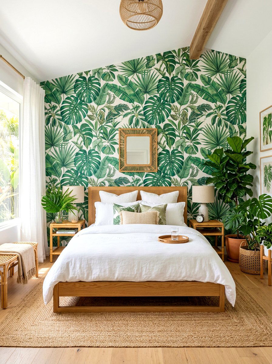 Tropical leaf wallpaper - 30 surf shack decor ideas