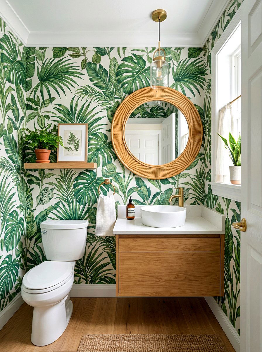 Tropical leaf wallpaper - 30 jewel box powder room wallpaper ideas