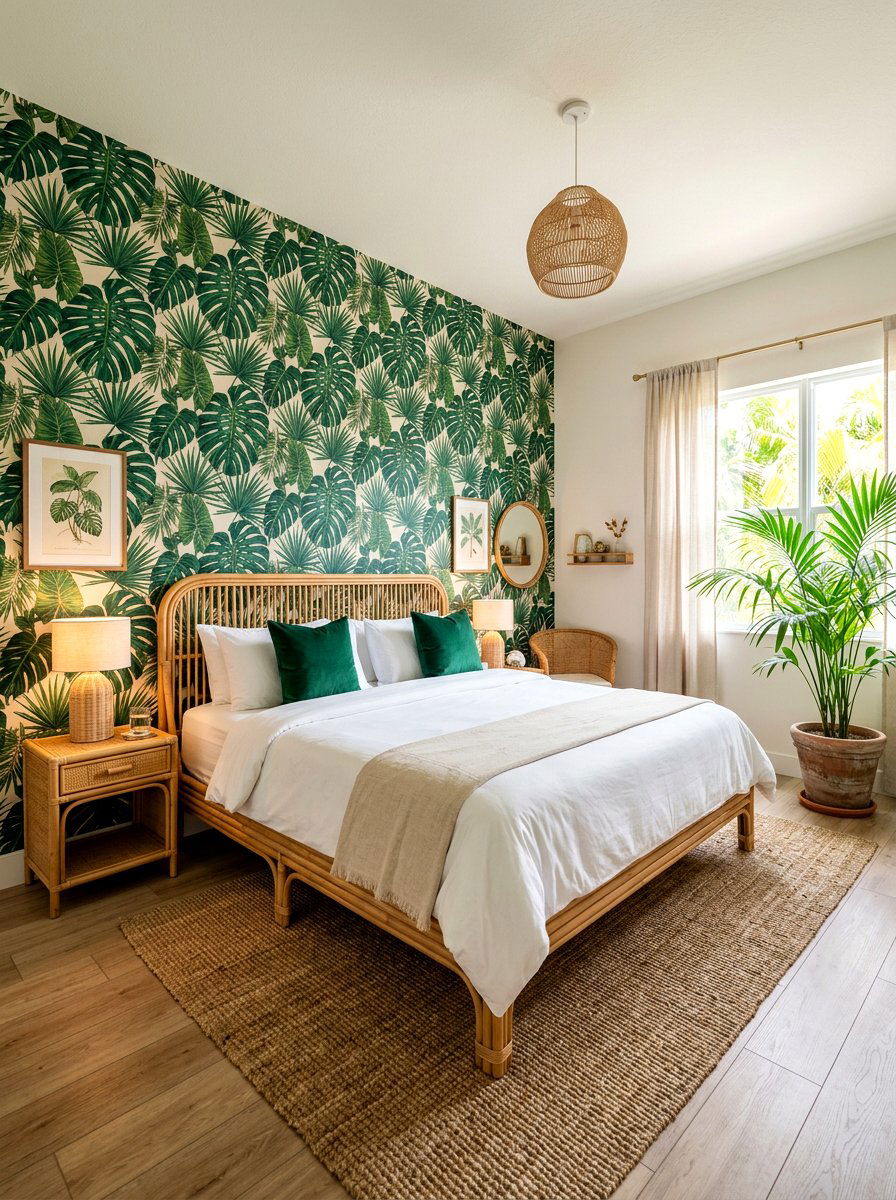 Tropical leaf wallpaper guest room - 30 wallpaper accent wall ideas