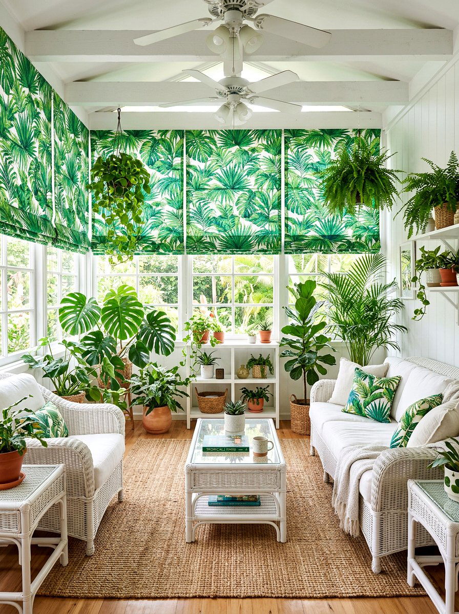 Tropical leaf window shades - 30 roman shade ideas