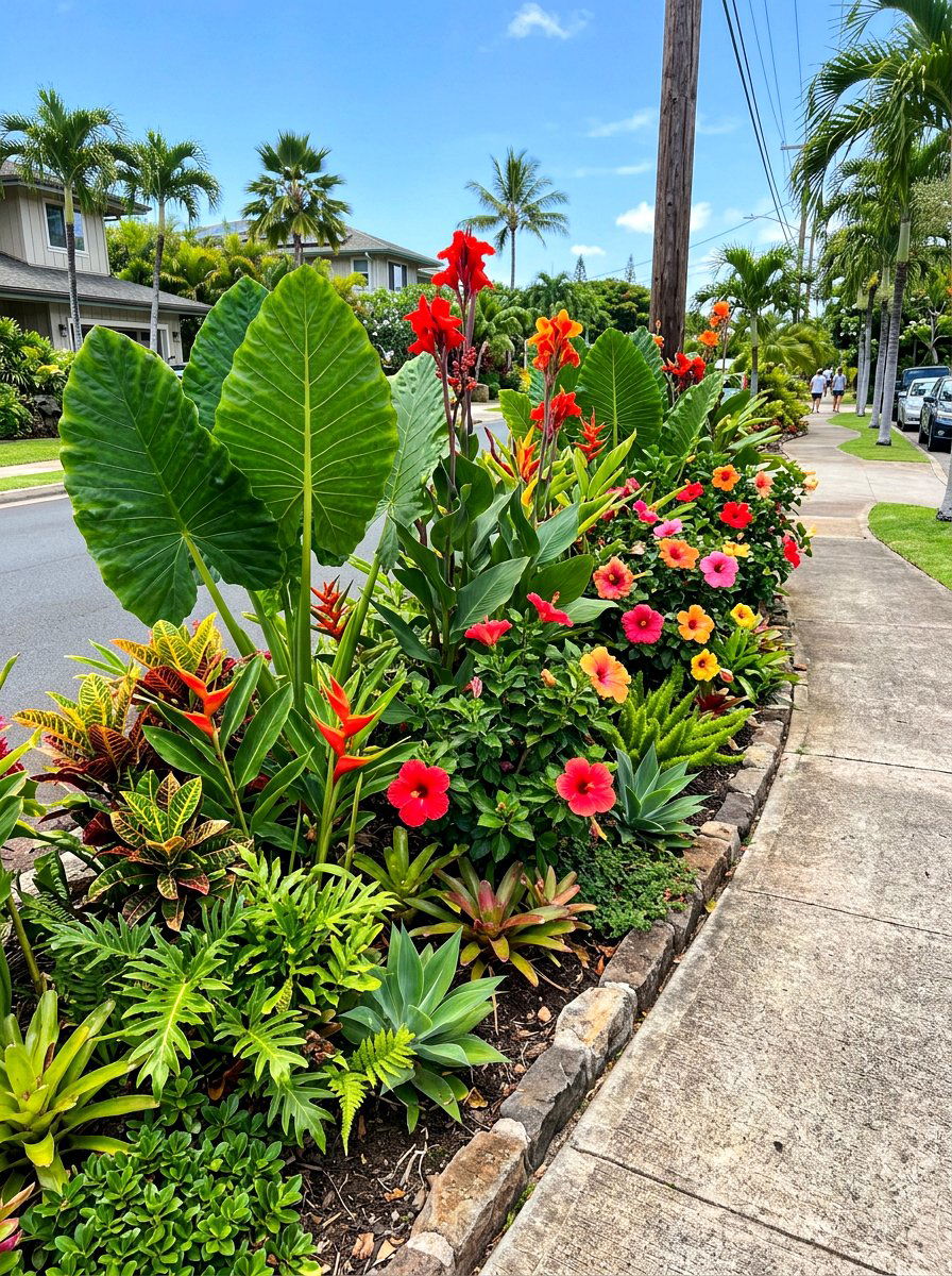 Tropical look curbside planting - 30 curbside planting strip ideas